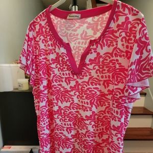 Southern stitch xl pink and white top